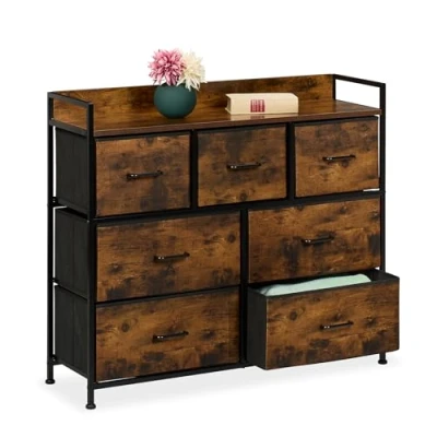 Immagine di Relaxdays Cassettiera Camera da Letto, Comò con 7 Cassetti in Tessuto, HLP: 85x100x30,5 cm, Settimino, Marrone Nero, Fibra di Legno