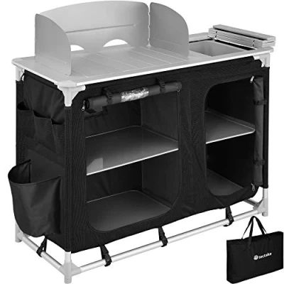 Immagine di TecTake® Cucina da Campeggio, Mobile Campeggio con Piano di Lavoro e Ripiani Portaoggetti, Esterno Paravento Lavello, Borsa per Trasporto Inclusa, 116x52x107cm Nero