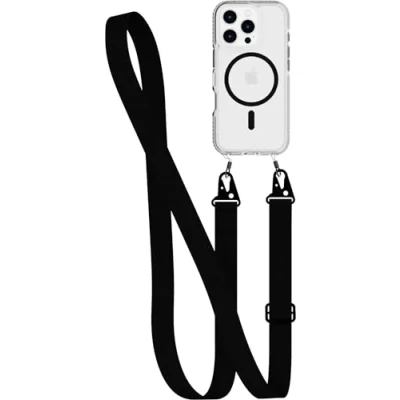 Immagine di tech21 EvoCrystal custodia a tracolla per iPhone 16 Pro, compatibile con MagSafe, protettiva contro gli impatti 15 volte testata secondo standard militari, cordino tracolla,