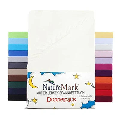 Immagine di NatureMark Set di 2 lenzuola con angoli elasticizzati per bambini, in jersey, 100% cotone, lettino e lettino, 70 x 140 cm, colore bianco naturale