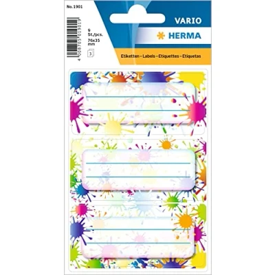 Immagine di HERMA 1901 Etichette per libri da scrivere, 9 pezzi, 76 x 35 mm, autoadesive, a righe, scuola, bambini, ragazze, ragazzi, multicolore
