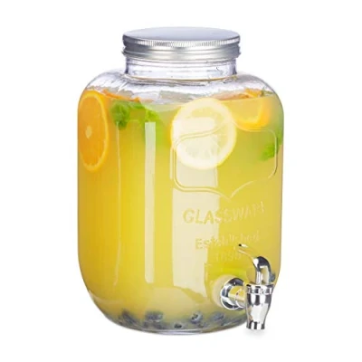 Immagine di Relaxdays Dispenser per Bevande 5 l, Vetro, alla Spina, con Rubinetto, Contenitore dal Desing Vintage, Trasparente