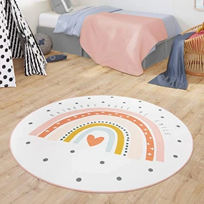 Immagine di Tappeto Bambini Cameretta Bebè Arcobaleno Motivo con Design Cuore, Colore:Crema, Dimensione:Ø 120 cm Tondo