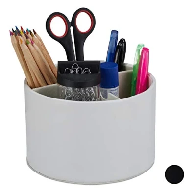 Immagine di Relaxdays Portapenne, Rotondo, 3 Scomparti, Organizer per Casa e Ufficio, in Similpelle, H x D: 11,5 16 cm, Crema, PU, Cartone, Tessuto, 1 Pz