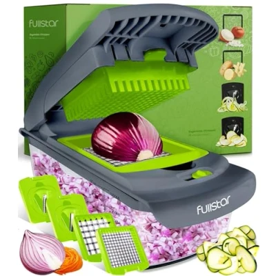 Immagine di Taglia Verdure Affetta Manuale Spiralizzatore di Multifunzione Tritatutto Affettatrice Tagliaverdure Frutta Cipolla Patate Cubetti Julienne (4 in 1 Grigio/Verde)