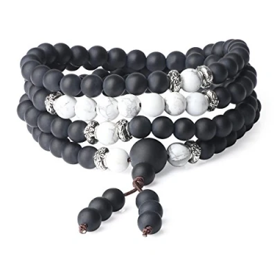 Immagine di COAI Bracciale Collana 108 Perle Mala in Onice Opaca e Howlite, Unisex Bilanciamento Yin Yang