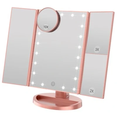 Immagine di WEILY specchio trucco con Luci, Trifold dello di illuminato l&#039;ingrandimento 1X/2X/3X, le notti naturali del LED, lo schermo tocco, caricabile (Oro Rosa)