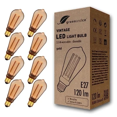 Immagine di greenandco 8x lampadina a LED dimmerabile di design vintage in stile retrò E27 ST64 3,5W 120lm 1800K 320 230V, ambra, nessun sfarfallio