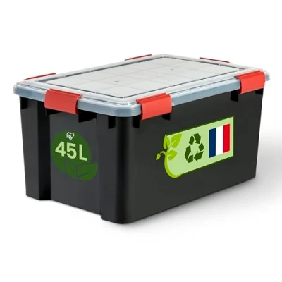 Immagine di Iris Ohyama, Scatola di Raccoglimento Ermetica in Plastica, 45L, per Unità, Nero, Coperchio, Giunto Stagno, Clip Chiusura, Impilabile, Esterno, Garage, Abbigliamento, No Polvere, WSB 45