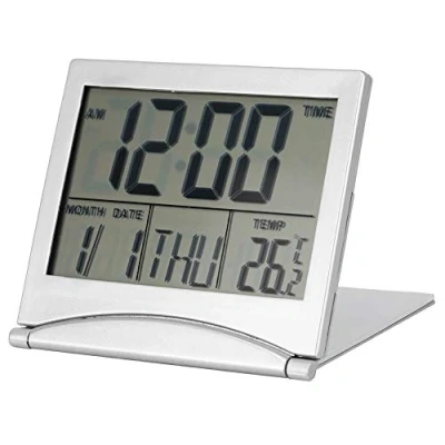 Immagine di Haofy sveglia digitale, calendario pieghevole portatile, temperatura e timer orologio LCD con modalità Snooze retroilluminazione blu morbida, da tavolo per tutte le età