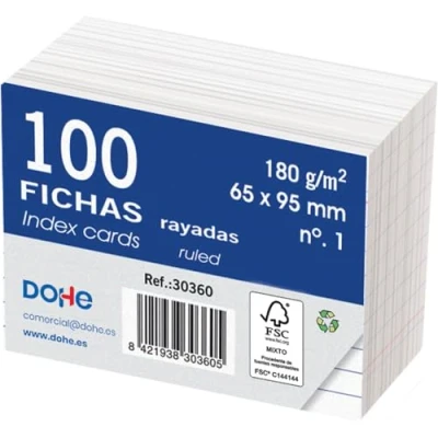 Immagine di Dohe Schede a righe di cartone (100 pz.) Biglietti per scrivere appunti, dimensioni 9,5 x 6,5 cm, 180 g/m², n. 1, materiale ufficio colore bianco