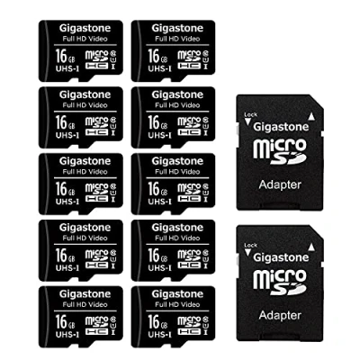 Immagine di Gigastone Micro SD 16 GB, Set da 10, U1 C10, per Telefono Fotocamere Videocamere Dashcam GoPro DJI Drone Fino a 85/15 MB/s (R/W) con Adattatore Scheda