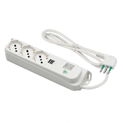 Immagine di FANTON 474504ECO Multipresa 3 posti + USB OMEGA ECO RELIFE prese bipasso/schuko 2P+T 16A 2 A 5V 3A cavo 1,5 m. spina piccola 10A interruttore automatico luminoso di sovraccarico