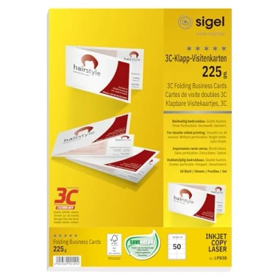 Immagine di SIGEL LP838 Biglietti da visita apribili, 3C, con taglio netto tutt&#039;intorno, bianco, 180x55 mm (A4), 225 g, 50 pz.=10 fg