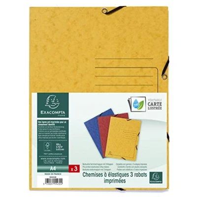 Immagine di Exacompta 55432E Set di 3 cartellette con elastico lembi stampa a righe sulla copertina per l&#039;identificazione dei documenti cartoncino lucido 355gm2 A4 blu giallo e rosso