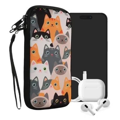 Immagine di kwmobile Custodia in neoprene con zip per smartphone XXL 7&quot; Astuccio portacellulare a sacchetto cerniera Borsa verticale Gatti arancione/nero/bianco