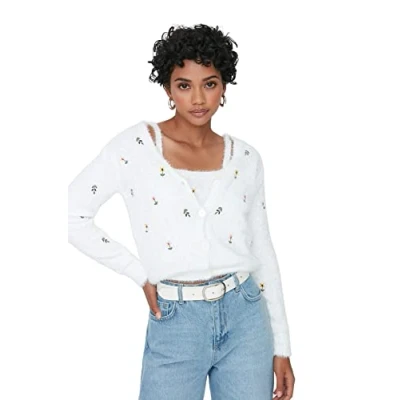 Immagine di Trendyol Cardigan da Donna con Scollo a V di Base vestibilità Regolare Maglione, Ecru, M