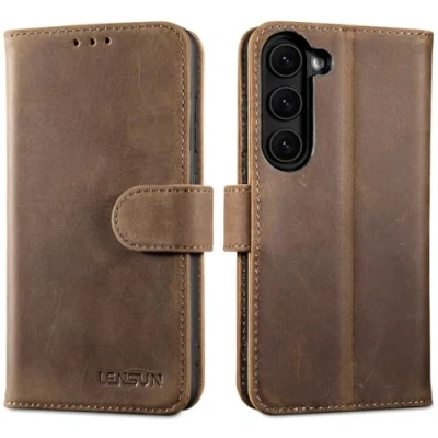 Immagine di Lensun Cover per Samsung Galaxy S23 5G, Custodia in Vera Pelle [RFID Antifurto] Libro con Portafoglio Chiusura Magnetico Custodie Cuoio Telefono Marrone Scuro Retrò