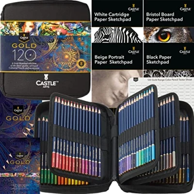 Immagine di Castle Art Supplies Set di 120 Matite Colorate Qualità Oro con Extra Anime a Base d’Olio Più Appuntite e Resistenti alla Rottura Per Artisti Adulti Coloristi In una Custodia Cernierata