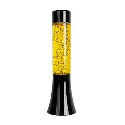 Immagine di Fisura Lampada lava dorata. Base nera, liquido trasparente e stelle dorate. di a effetto rilassante. 9x9x30 cm