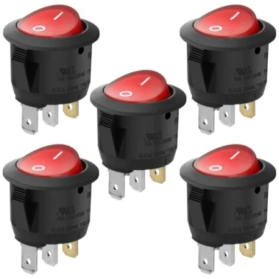 Immagine di Heschen, Interruttore a bilanciere rotondo acceso/spento, SPST, 3 terminali con luce rossa, 10 A, 250 V CA, confezione da 5 pezzi