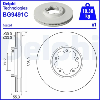 Immagine di DELPHI Disco freno FORD: Transit Custom V362 Van, Tourneo Bus, Bus 308mm 33mm 5 ventilato rivestito BG9491C 2168836