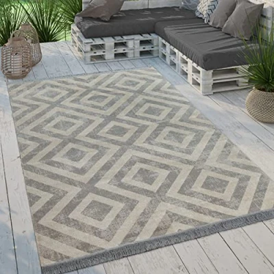 Immagine di Paco Home Tappeto per Esterno Terrazzo Balcone Cucina Moderno Rombi Design con Frange, Dimensione:120x170 cm, Colore:Nero Bianco