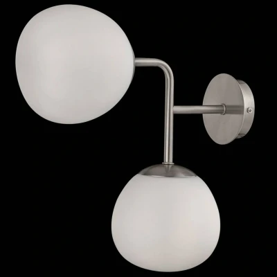 Immagine di Elegante Lampada da parete, Applique Doppio, Design moderno, Art Deco, Metallo colore Nichel, 2 luci, diffusori in vetro opaco bianco, per lampadine E14 40W 220V non incl