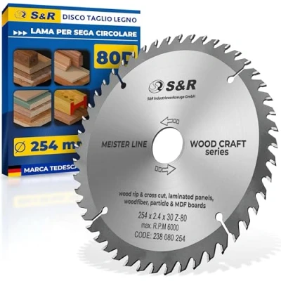 Immagine di S&amp;R Lama per sega circolare 254. Disco Smerigliatrice Taglio Legno Professionale (254 x 30 2,4mm 80 Denti) compatibile con a immersione e Bosch Makita