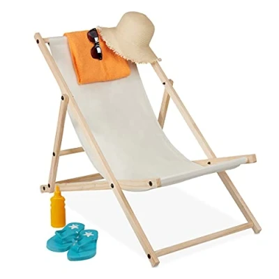 Immagine di relaxdays Sdraio in Legno, Sedia, Fodera Tessuto, Pieghevole &amp; Regolabile, Spiaggia, Balcone, Beige, 1 pz