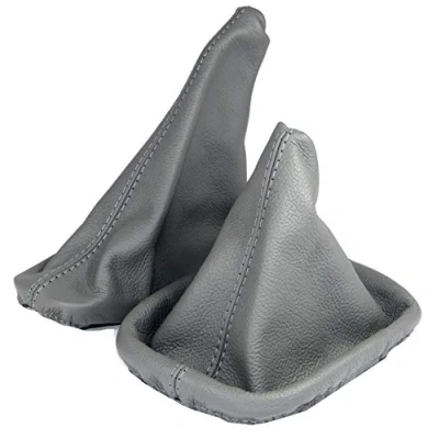 Immagine di L &amp; P Car Design L&amp;P A0022 Set Cuffia Leva Sacco del Cambio Grigio di 100% Vera Vero Pelle Compatible con BMW Serie 3 e46 Cucitura Freno a Mano Plug Play Manuale