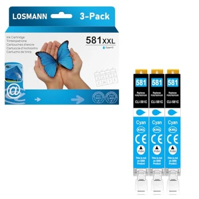Immagine di LOSMANN 3x Ciano Cartucce d&#039;inchiostro Compatibili per Canon CLI 581 XXL C Pixma TS6350 TS6150 TS8150 TS8250 TS6250 TS705 TS705a TS8151 TS6151 TS8152 TS8300 TS9150 TS9155 TS9550 TR7550 TR8550