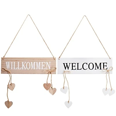 Immagine di com four® 2X Appendiabiti Willkommen e Welcome con Cuori Pendenti cartelli per Porte in Legno da Appendere appendini la Primavera, Pasqua L&#039;Estate (02 Pezzi Bianco)