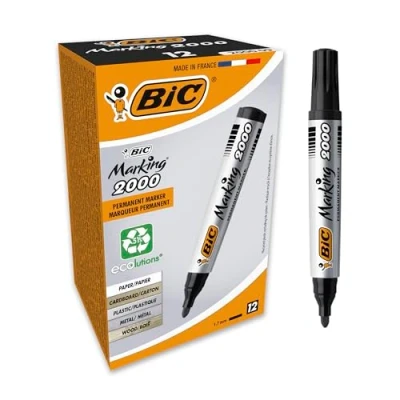 Immagine di BIC Intensity, Marking 2000, Pennarelli Indelebil Neri ECOlutions, con il 51% di Materiali Riciclati, Punta Tonda Resistente, Cancelleria Casa e Ufficio, 12 Unità