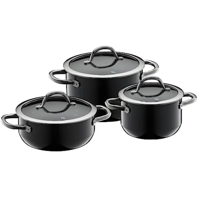 Immagine di WMF Fusiontec Inspire set di pentole a induzione, 3 pezzi, con coperchio in vetro, ceramica high tech, antigraffio, non rivestite, colore: Nero