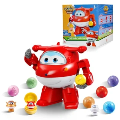 Immagine di Super Wings Lucky Ball giocattolo Jett, 20,5 cm, 7 giocattoli trasformatori 2 in 1, con 3 set di adesivi fai da te, aeroplani e robot per bambini bambine dai anni su