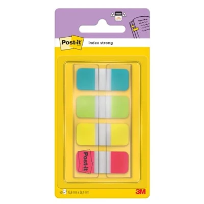 Immagine di Post it Index Mini Strong, Segnapagina Adesivi in Plastica Colorati, 4 Blocchetti da 10 Foglietti, 40 Linguette con Dispenser, Colori Assortiti Blu, Giallo, Rosa e Viola, Formato 15x40 mm