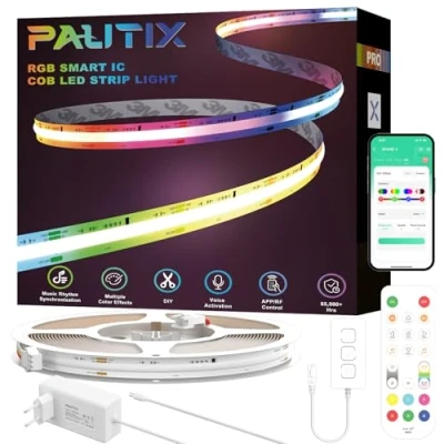 Immagine di PAUTIX WIFI RGB Smart IC Striscia LED COB Kit 10M,DC24V Pixel a Cambiamento di Colore Indirizzabile Luminosa funzione con Alexa/Google Assistant per Progetti Illuminazione