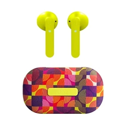 Immagine di JAZ Auricolari True Wireless Stereo Chanè con basetta di ricarica da 400 mAh in tessuto, microfono integrato, archetti per sport inclusi, musica e chiamate fino a 4 ore fila, giallo