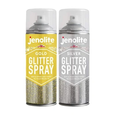 Immagine di JENOLITE Sigillante trasparente spray glitterato, confezione doppia ORO E ARGENTO Lacca con glitter fine Adatto per la maggior parte delle superfici 2 x 400 ml