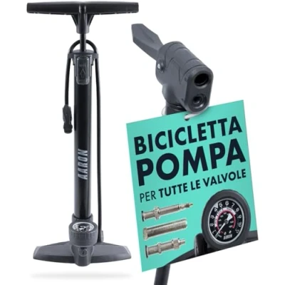 Immagine di AARON Air pompa da terra per bicicletta con manometro, tutte le valvole, ad alta pressione strada, aria, attacco a sfera, nero