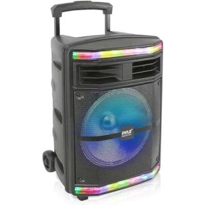Immagine di Pyle Speaker Bluetooth Portatile Ricaricabile da 600 Watt, Altoparlante Amplificato con Ingresso Microfono 2,54cm, Luci Festa, Lettore di Schede MP3/USB SD e Ruote Girevoli