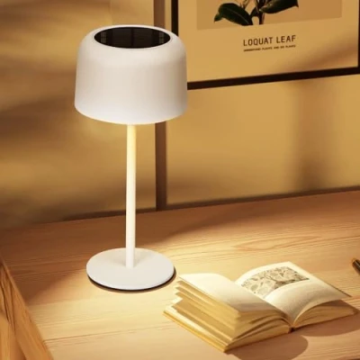 Immagine di Aigostar Lampada da Tavolo Senza Fili Ricaricabile Solare e USB, Scrivania Dimmerabile Touch, Comodino IP54 Impermeabile per Interno Esterno, Camera Letto Bianco