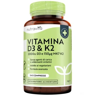 Immagine di Vitamina D3 K2 2000 UI + 150µg K Formula Ottimale: Supporta il Sistema Immunitario, le Ossa, i Denti, e Muscoli 240 Piccole Compresse Vegetariane Nutravita