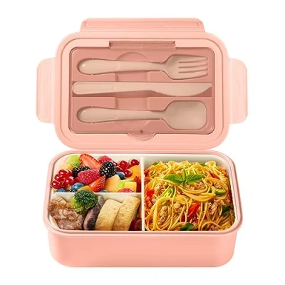 Immagine di Diboniur Lunch Box, Porta Pranzo con Posate, 1400ml Bambino Adulto Bento Box 3 Scomparti, Schiscetta Contenitore per Microonde Lavoro Picnic Ufficio (Rosa)