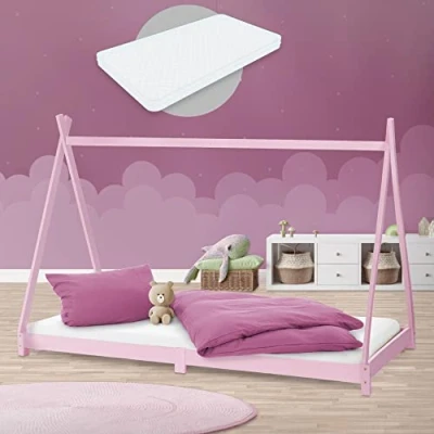 Immagine di ML Design Lettino per Bambini a Forma di Tenda Indiana con Rete Doghe 90 x 200 cm Letto Tipi da Gioco in Legno Pino Massiccio Rosa Stile Montessori Materasso Sfoderabile Schiuma Fredda