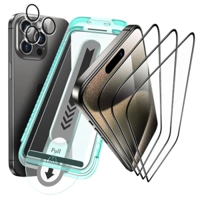 Immagine di ESR per iPhone 15 Pro Max Armorite set di proteggi schermo in vetro temperato, temperato estremamente resistente, 3 pezzi con 1 protezione individuale fotocamera