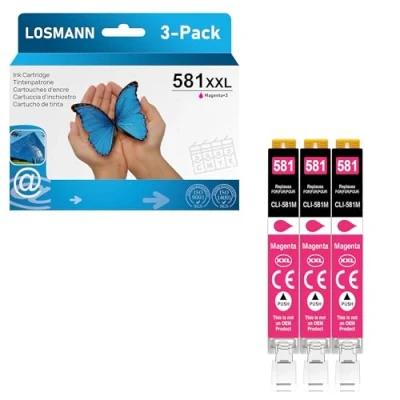 Immagine di LOSMANN 3x Magenta Cartucce d&#039;inchiostro Compatibili per Canon CLI 581 XXL M Pixma TS6350 TS6150 TS8150 TS8250 TS6250 TS705 TS705a TS8151 TS6151 TS8152 TS8300 TS9150 TS9155 TS9550 TR7550 TR8550