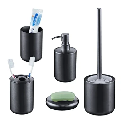 Immagine di Relaxdays 5 Accessori Set Bagno Completo, Acciaio Inox Spazzolato, Scopino WC, Portaspazzolino, Saponetta, Antracite