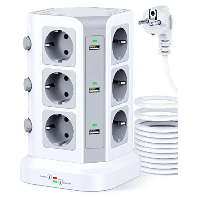 Immagine di [5M CAVO] KOOSLA multipresa verticale protezione sovratensione(4000W/16A), Ciabatta torretta con 12 prese e 6 slot USB A, 3 interruttori indipendenti, 5M Cavo, Bianco
